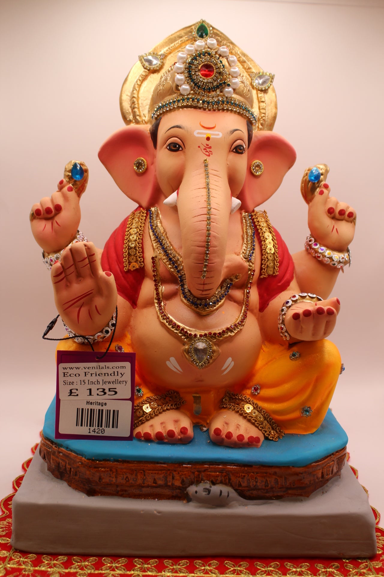 15 inch eco-friendly Ganesh idol – jewellery style idol with red khes and orange dhoti, front