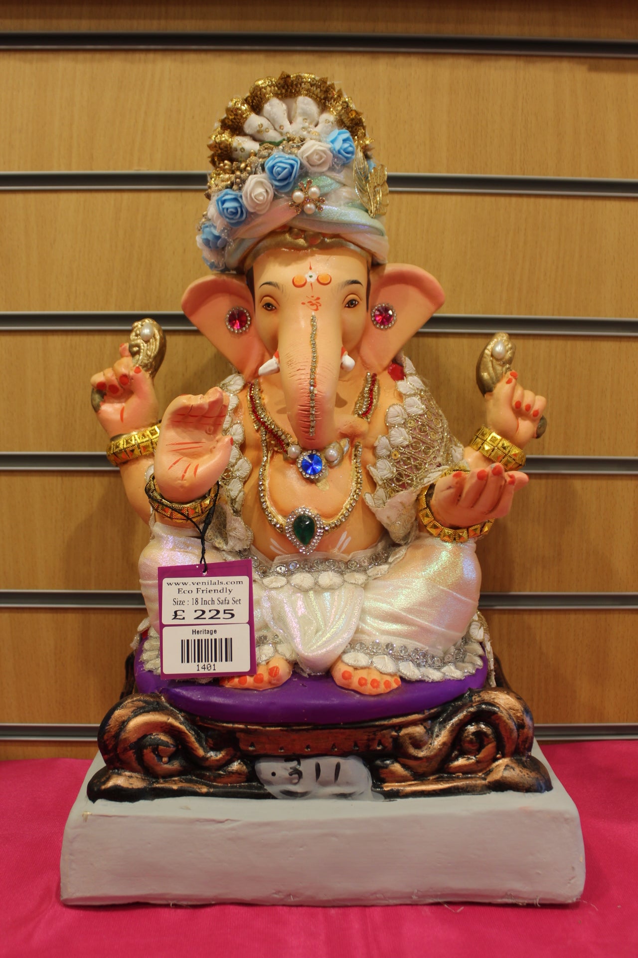 18 inch eco-friendly Ganesh idol – ivory and silver pearl full safa set, front