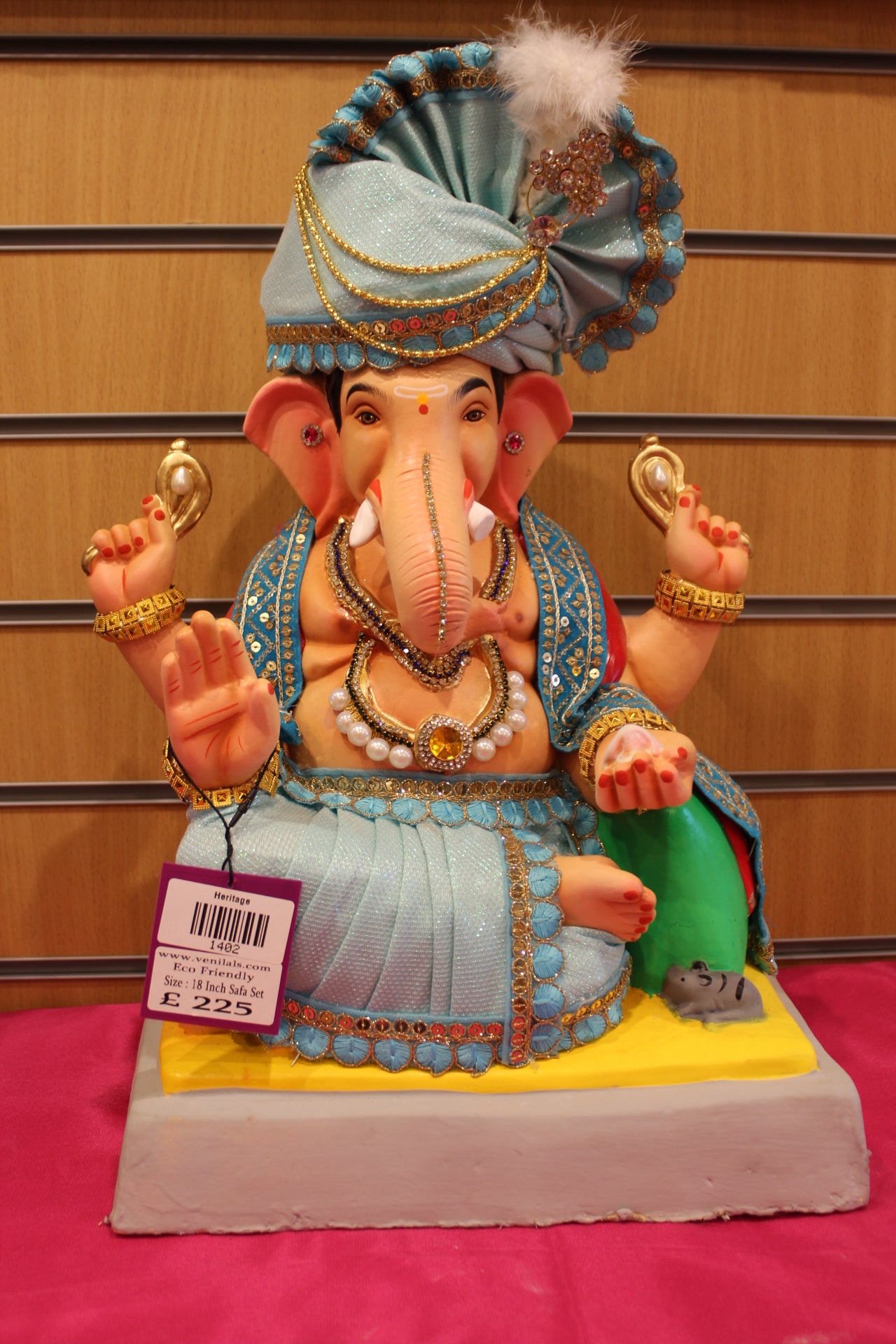 18 inch eco-friendly Ganesh idol – ice blue satin full safa set, front