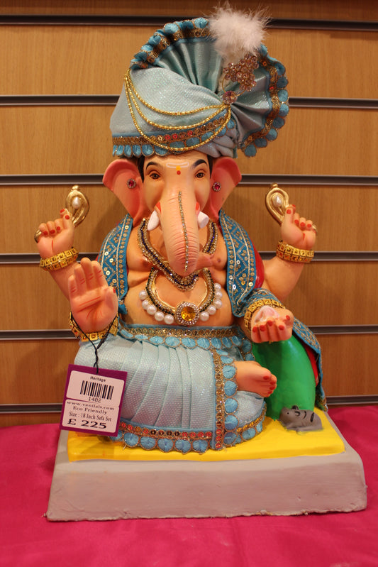 18 inch eco-friendly Ganesh idol – ice blue satin full safa set, front