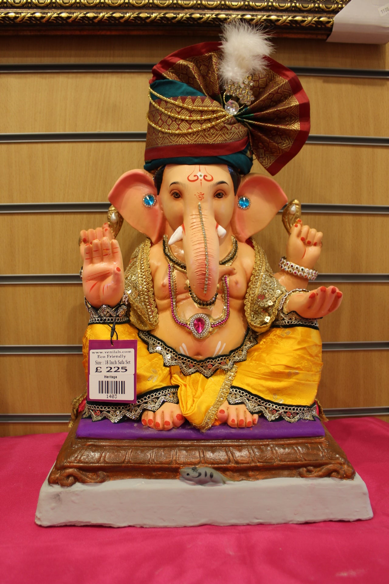 18 inch eco-friendly Ganesh idol – copper shot-silk safa with yellow silk dhoti, front