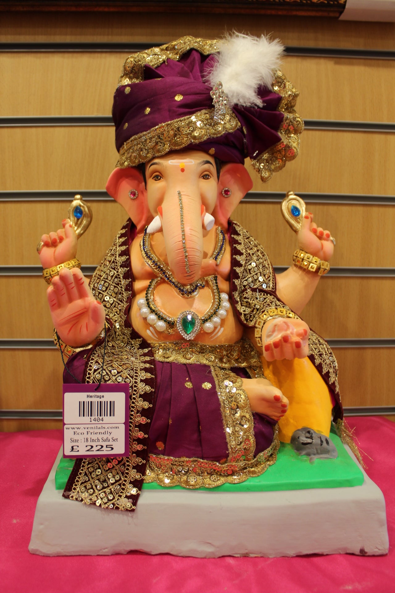 18 inch eco-friendly Ganesh idol – aubergine purple safa with gold sequin trim, front