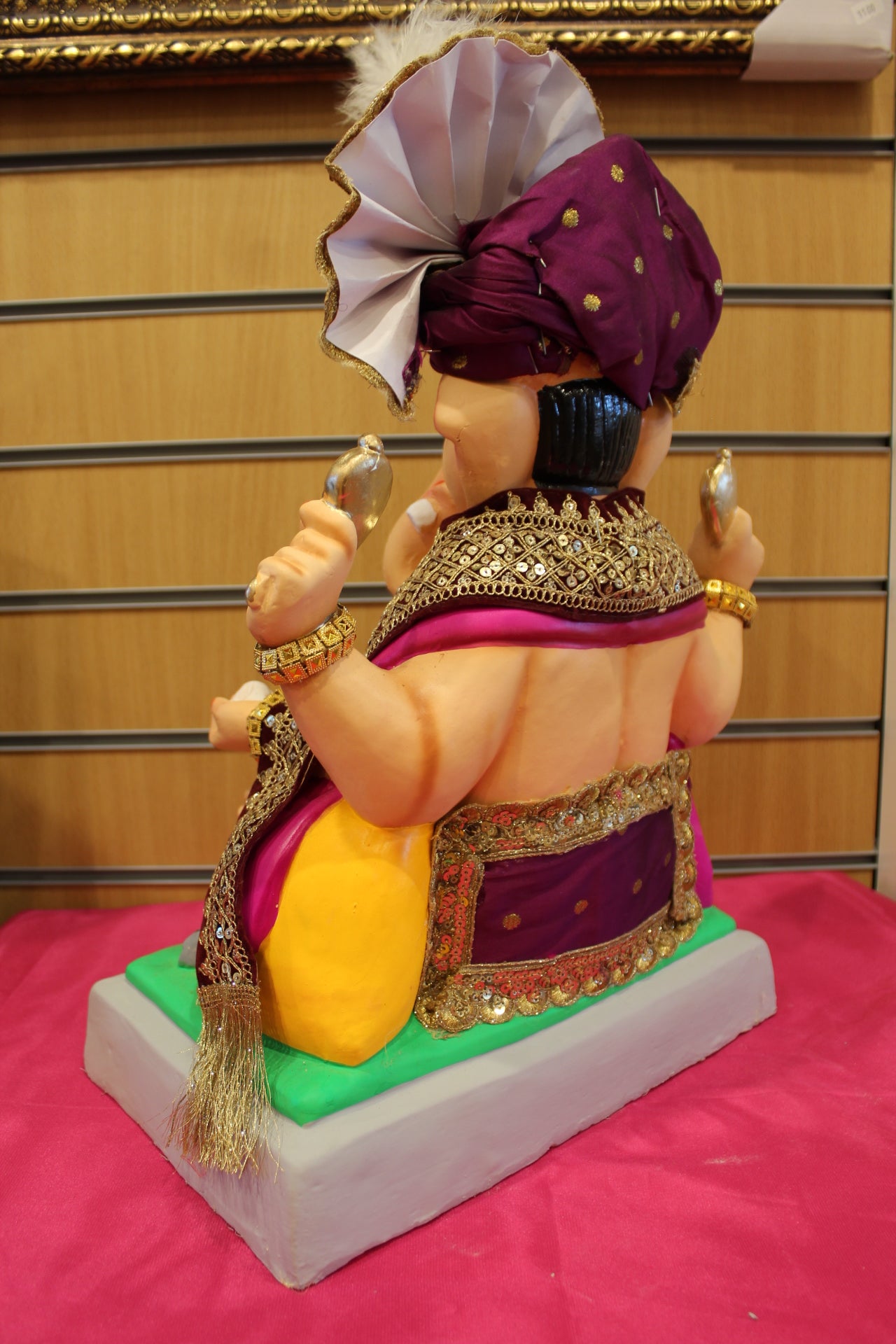 Back view – aubergine purple safa with gold sequin trim