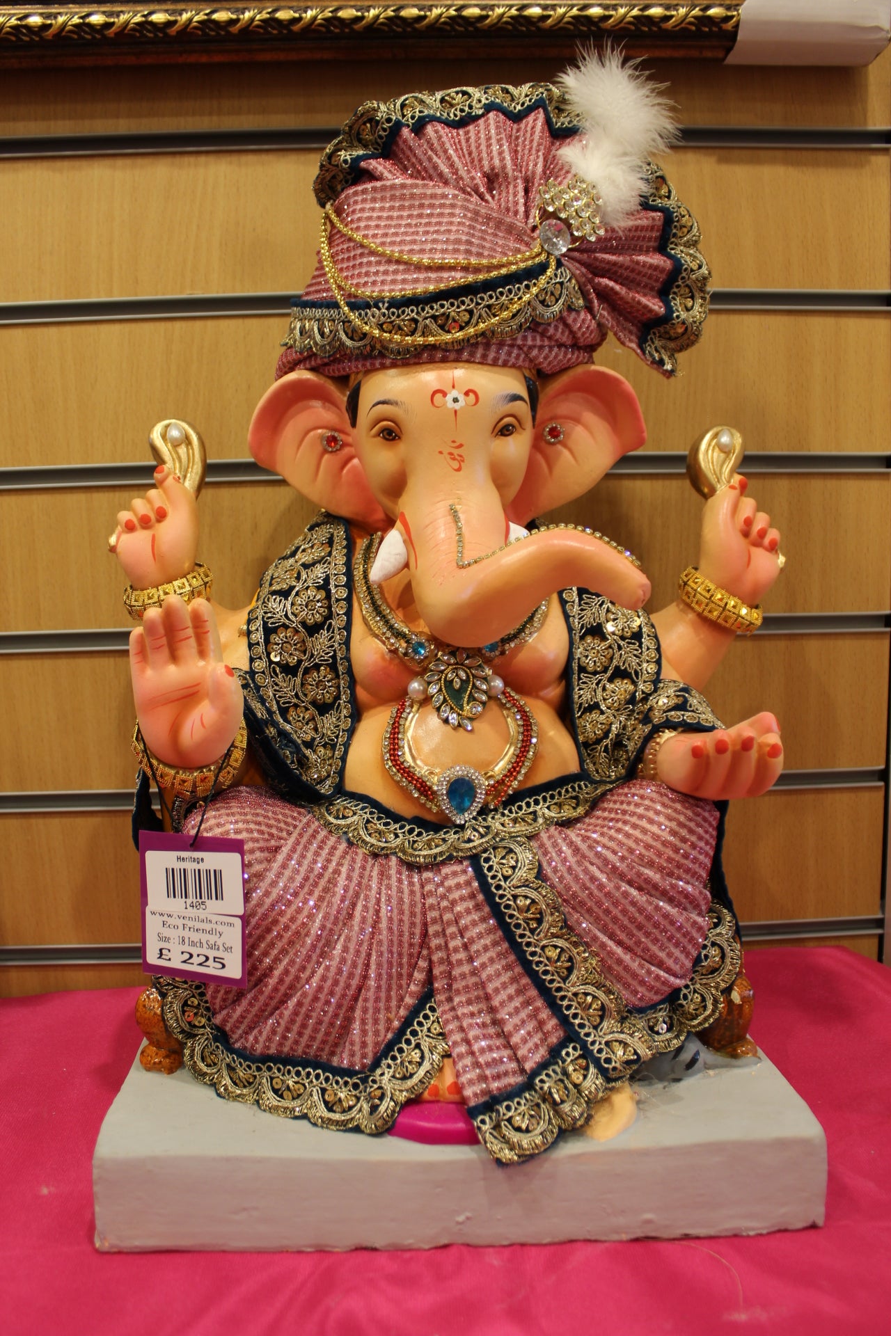 18 inch eco-friendly Ganesh idol – dusty rose check safa with navy zari borders, front
