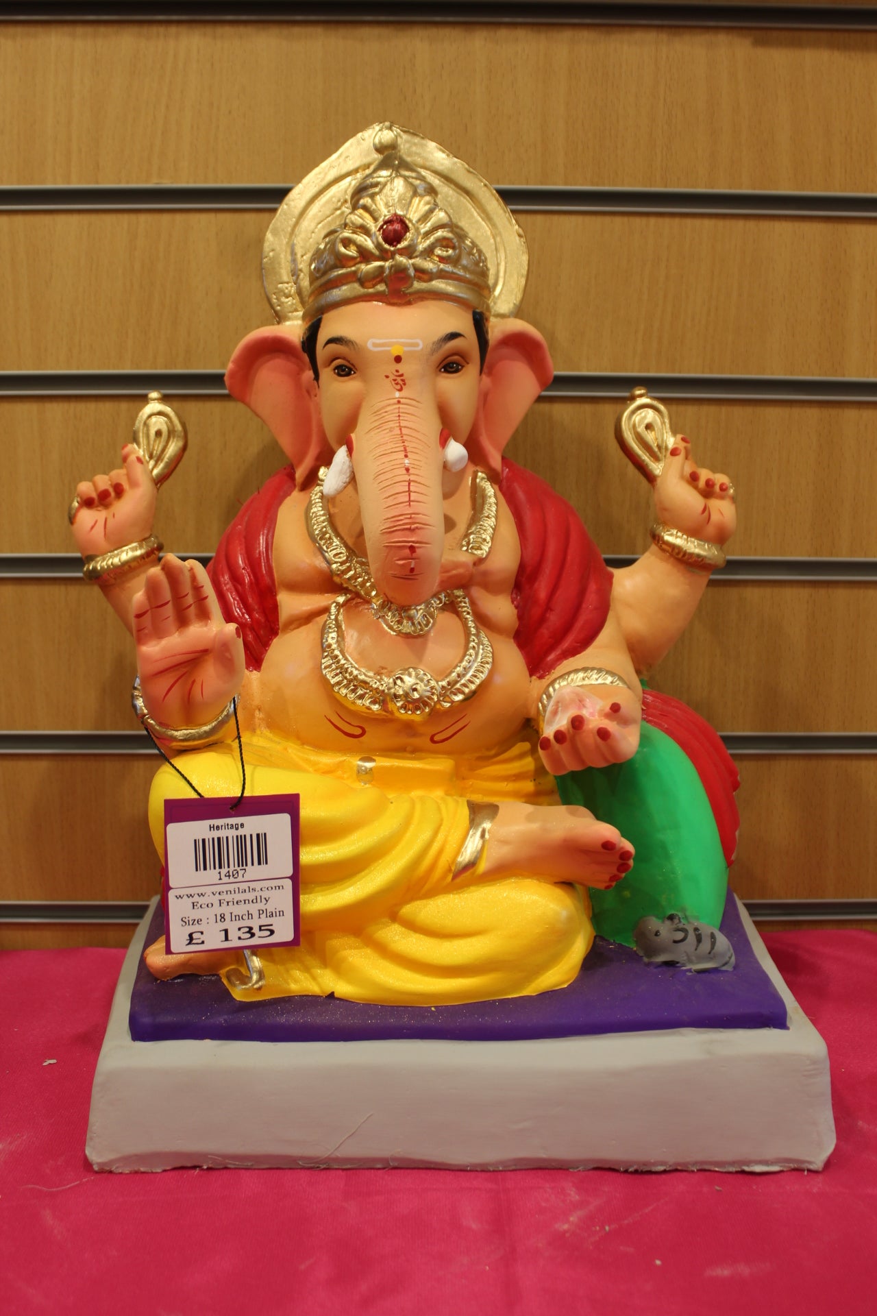 18 inch eco-friendly Ganesh idol – red khes and yellow dhoti with green bolster, front
