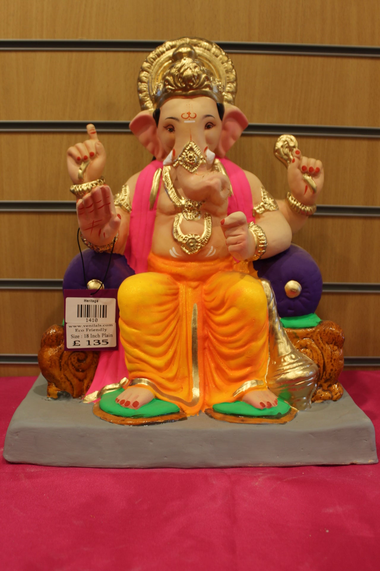 18 inch eco-friendly Ganesh idol – pink khes and orange dhoti with purple bolster, front