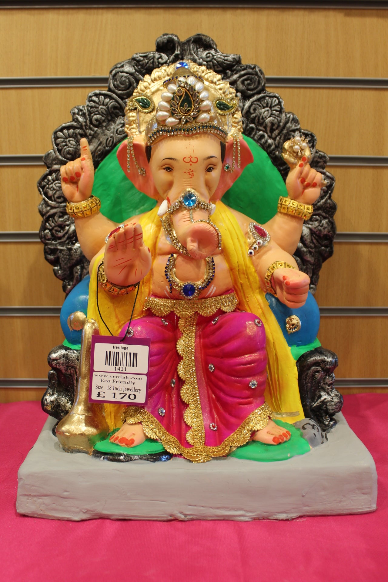 18 inch eco-friendly Ganesh idol – jewellery style idol on carved silver throne, front