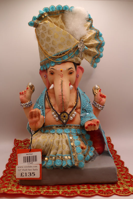 12 inch eco-friendly Ganesh idol in ivory brocade and turquoise sequins, front