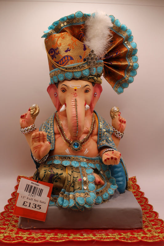 12 inch eco-friendly Ganesh idol with copper paisley safa, front