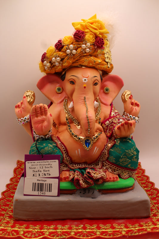 12 inch eco-friendly Ganesh idol with rose-decked marigold pheta, front