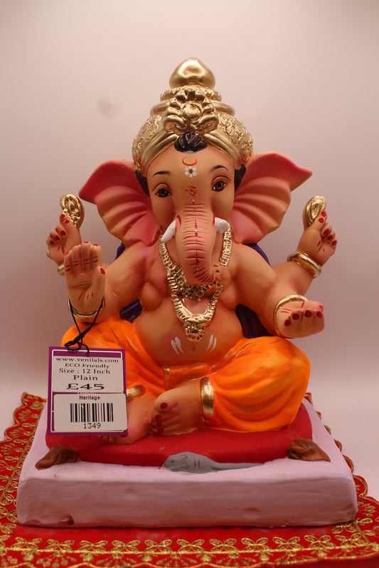 12 inch eco-friendly Ganesh idol, marigold dhoti and violet khes, front