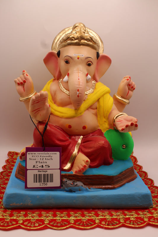 12 inch eco-friendly Bal Ganesh idol in crimson and lemon, front
