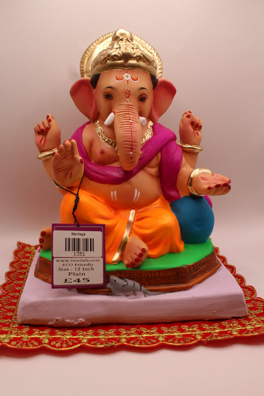 12 inch eco-friendly Ganesh idol, marigold dhoti and rani pink khes, front
