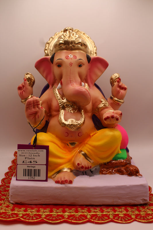 12 inch eco-friendly Ganesh idol, lemon dhoti and purple khes, front