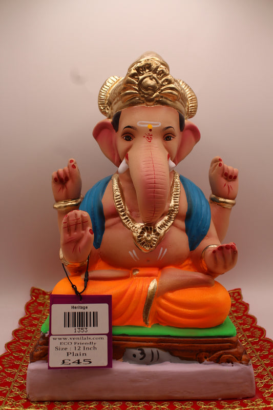 12 inch eco-friendly Ganesh idol, marigold dhoti and cerulean khes, front