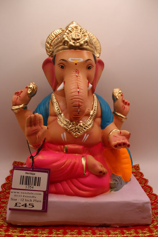 12 inch eco-friendly Ganesh idol, rani pink dhoti and blue khes, front