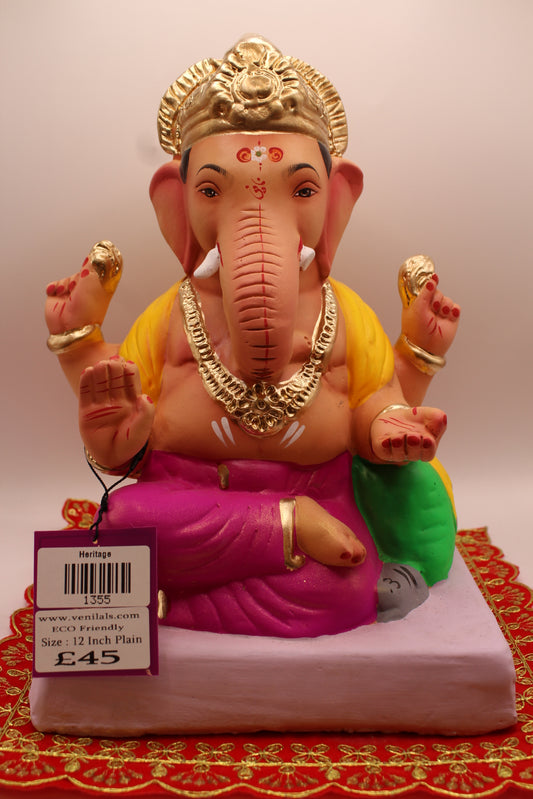 12 inch eco-friendly Ganesh idol, magenta dhoti and marigold khes, front
