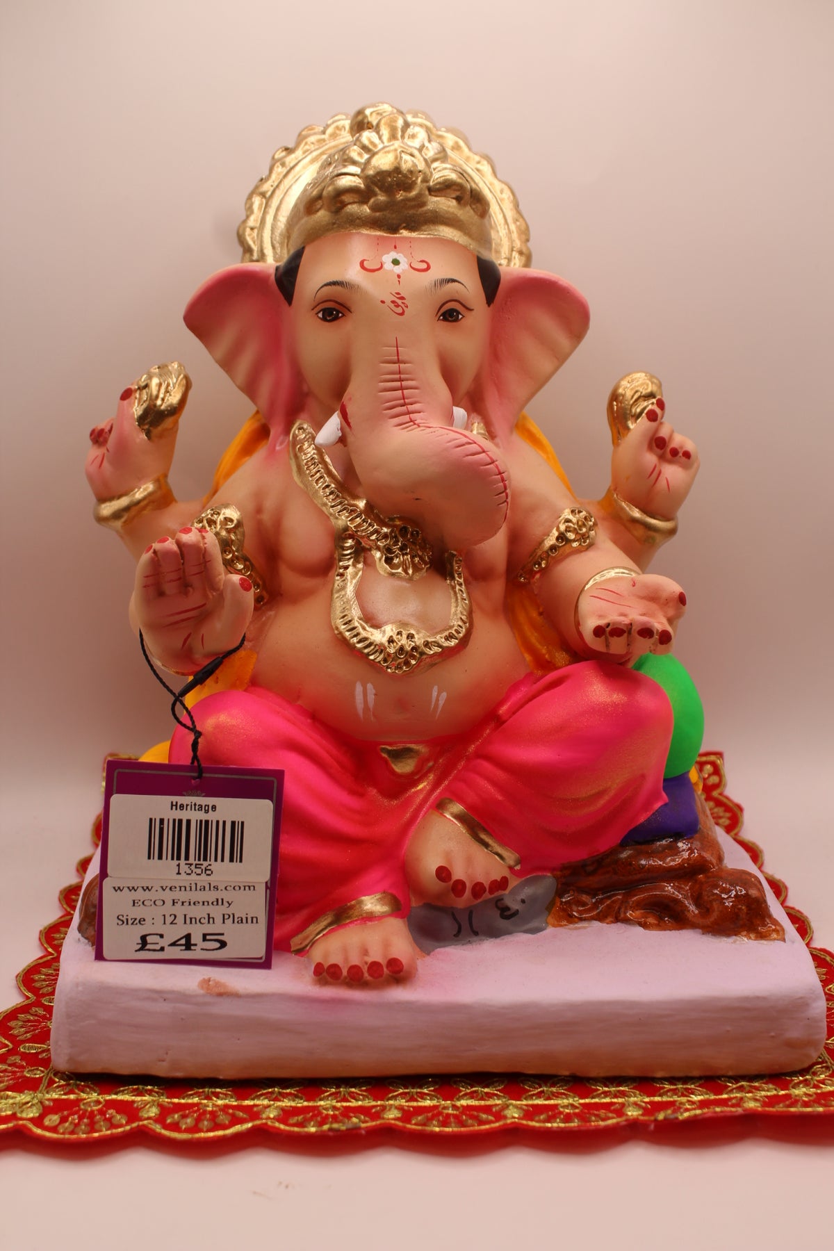 12 inch eco-friendly Ganesh idol in rani pink and marigold, front