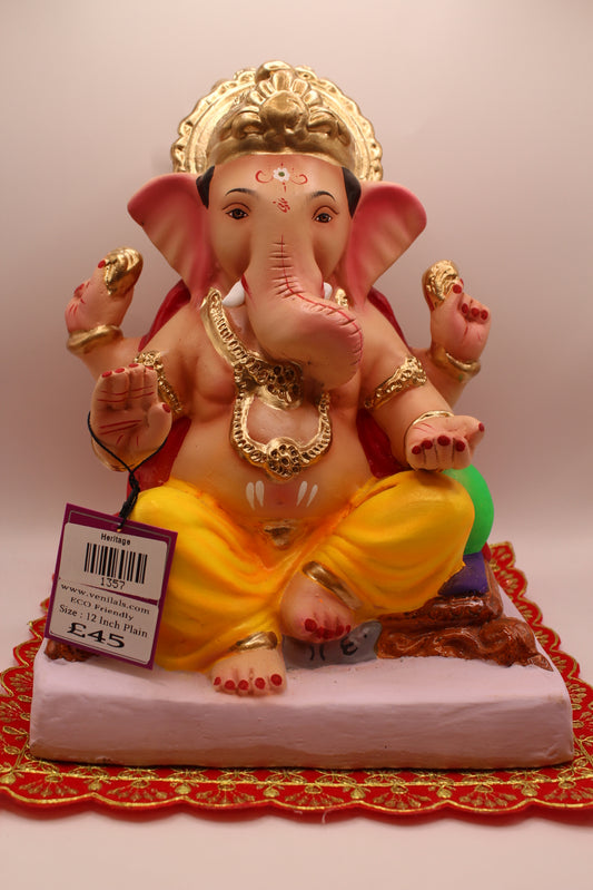 12 inch eco-friendly Ganesh idol, marigold dhoti and crimson khes, front