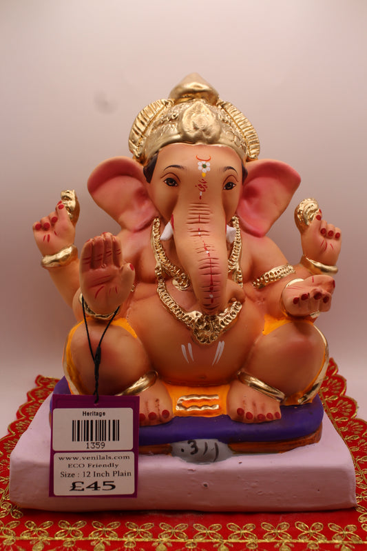 12 inch eco-friendly Ganesh idol in a saffron dhoti, front
