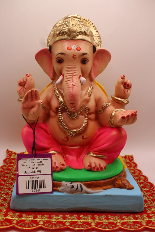 12 inch eco-friendly Ganesh idol, rani pink dhoti and yellow khes, front