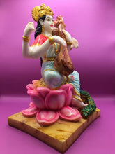 Load image into Gallery viewer, SARASWATI MURTI Hindu Goddess Statue. Saraswati mata godess of knowledge carved Brass statue Pink