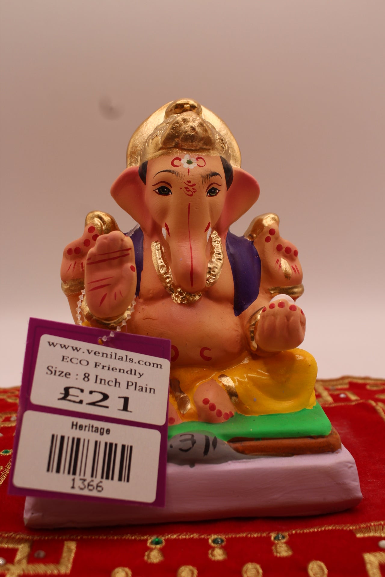 6 inch eco-friendly Ganesh idol with gold halo crown, front