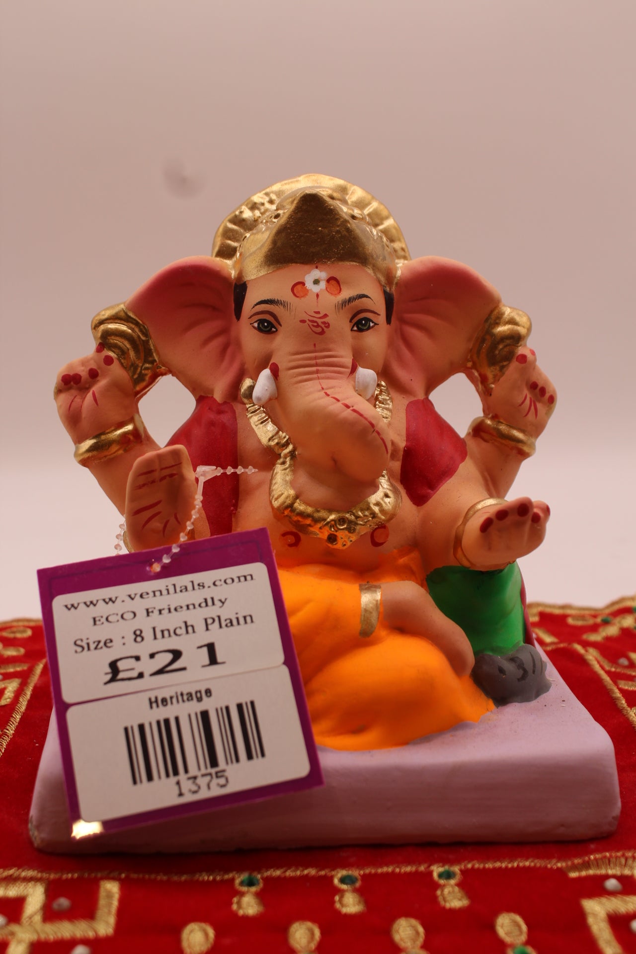 6 inch eco-friendly Ganesh idol with flat gold cap mukut, front