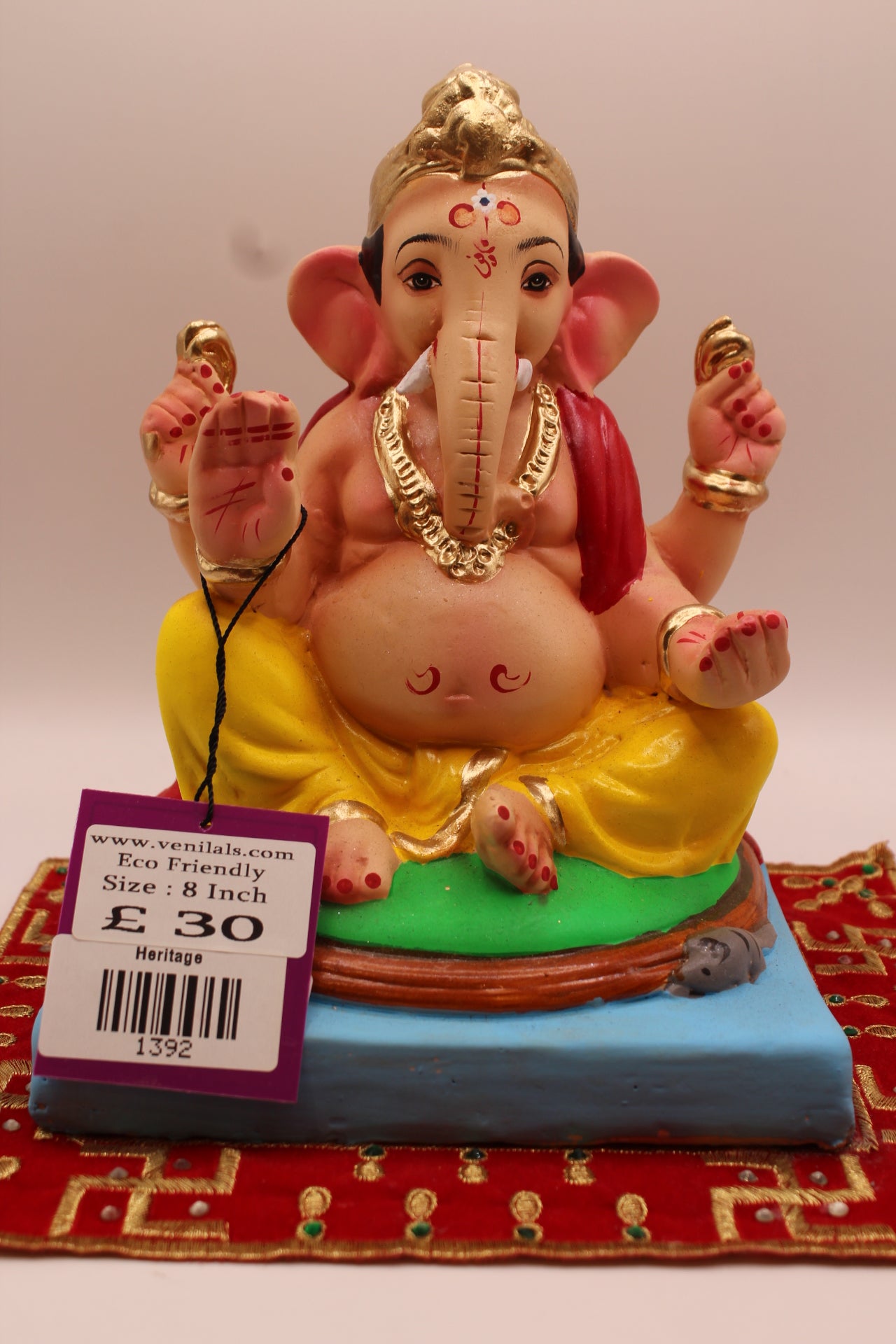 8 inch eco-friendly Ganesh idol – red khes and yellow dhoti with fluted gold crown, front