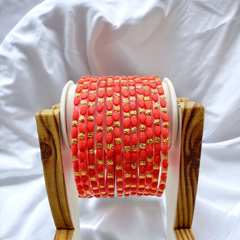 Dot pattern glass bangles set of 12 - Strawberry Red