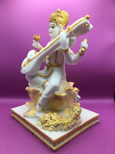 SARASWATI MURTI Hindu Goddess Statue. Saraswati mata godess of knowledge carved Brass statue Gold, White