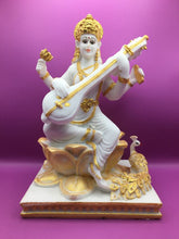 Load image into Gallery viewer, SARASWATI MURTI Hindu Goddess Statue. Saraswati mata godess of knowledge carved Brass statue Gold, White