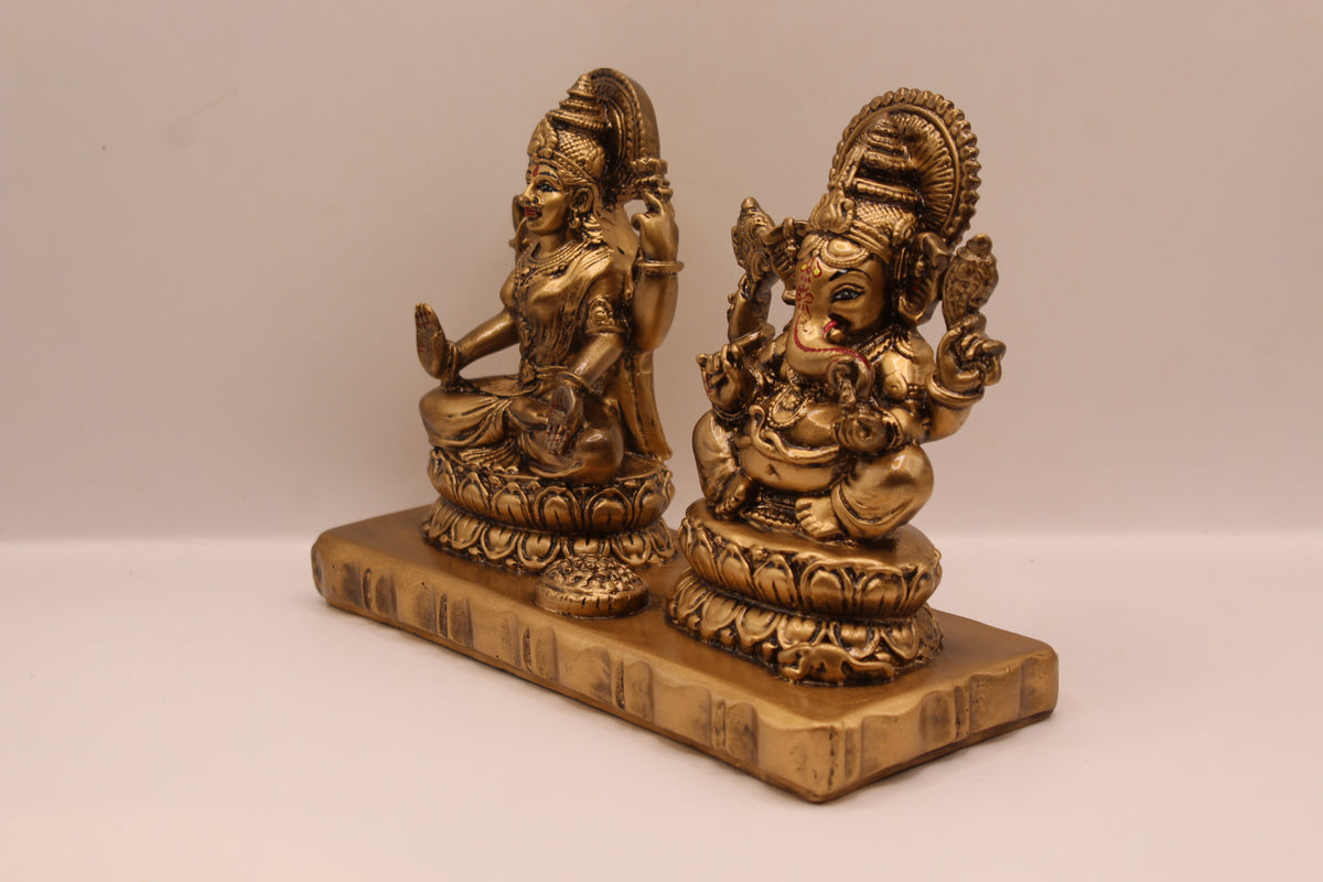 Antique gold Ganesh Laxmi resin murti pair, right side view