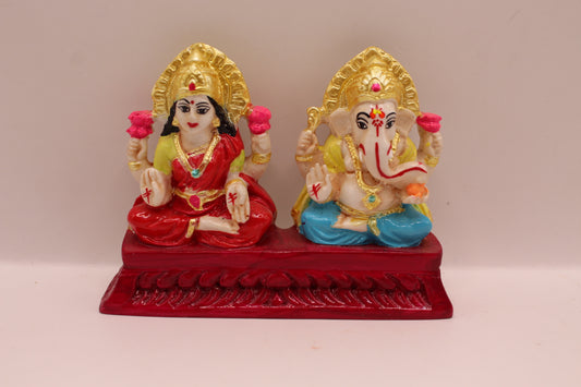 Hand painted Ganesh Laxmi resin murti pair, front view