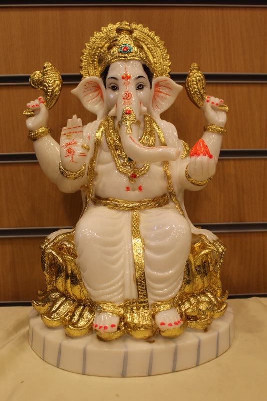 Resin/Fibre Ganesh Statue for Home Temple – White & Gold on Lotus, 14 inch – front view