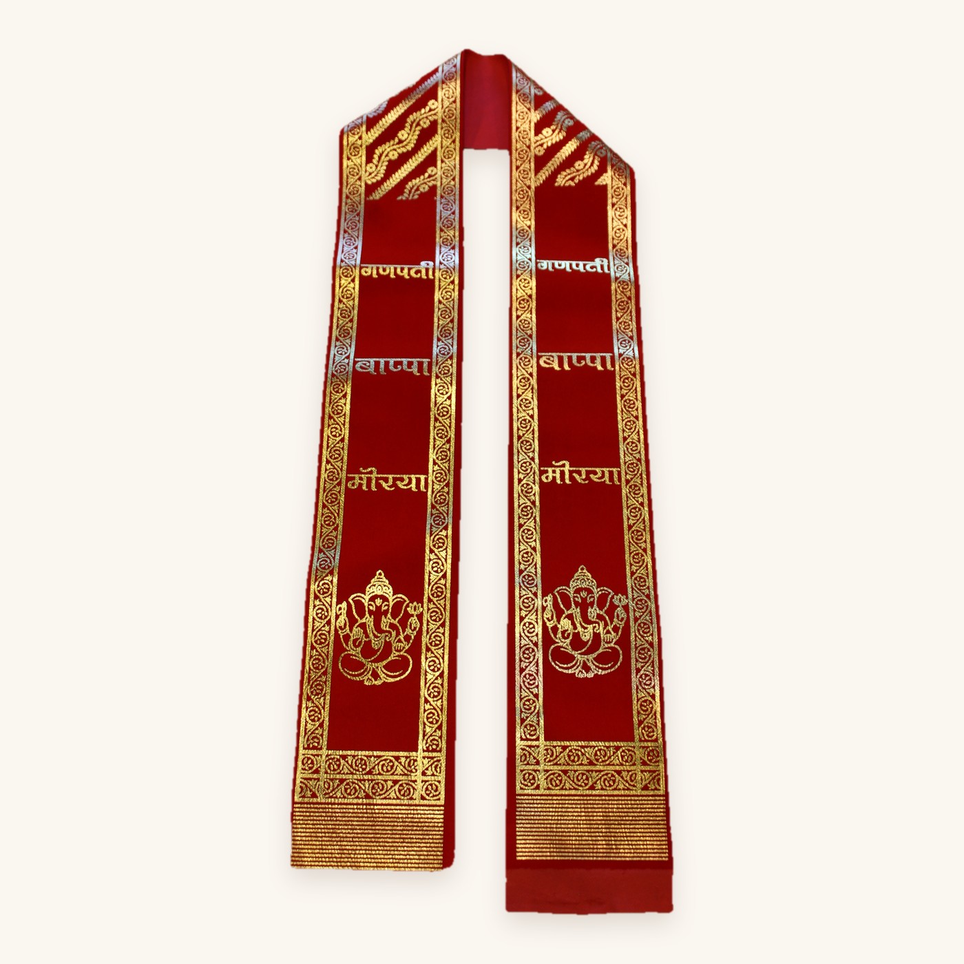 Ganpati Uparna in red and gold, draped to show both embroidered ends