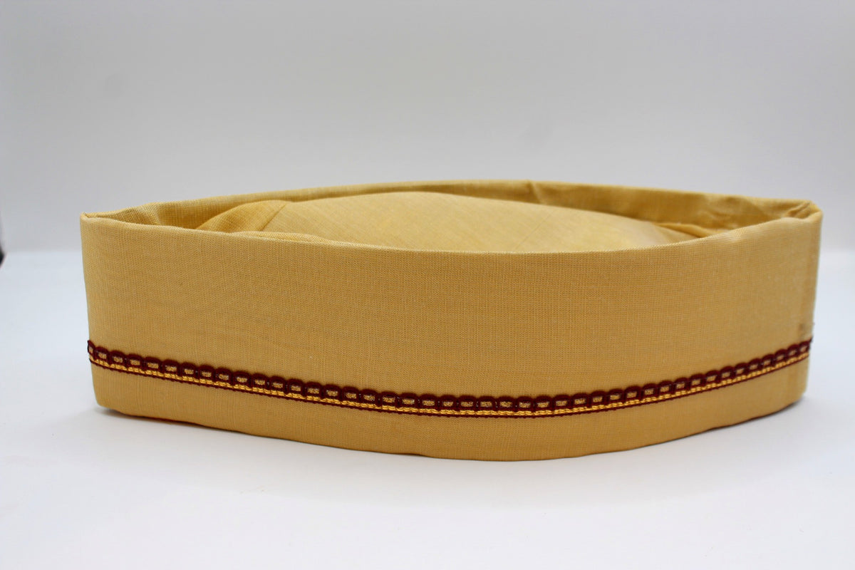 Champagne gold Gandhi topi with maroon border, front view