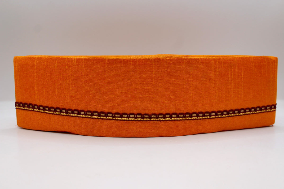 Saffron Gandhi topi with maroon border, front view