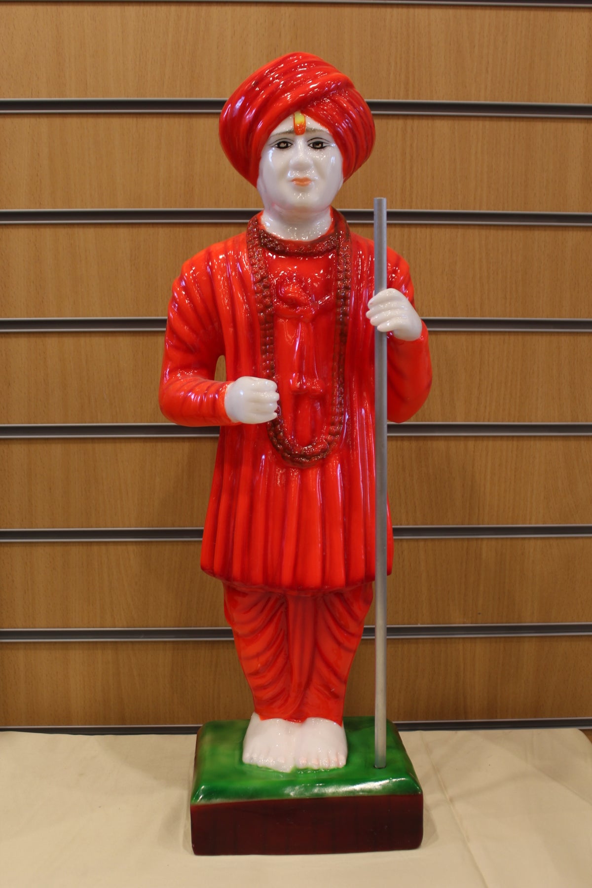 Resin/Fibre Jalaram Bapa Statue for Home Temple – Red Robe with Staff, 24 inch – front view