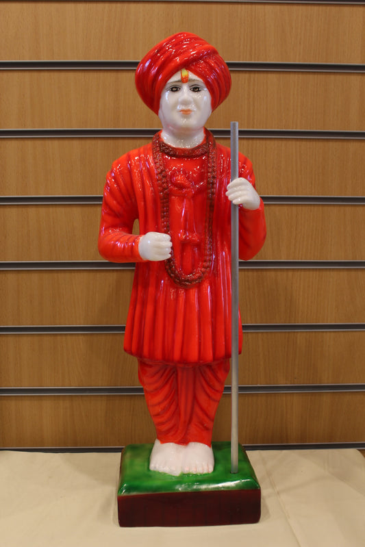 Resin/Fibre Jalaram Bapa Statue for Home Temple – Red Robe with Staff, 24 inch – front view
