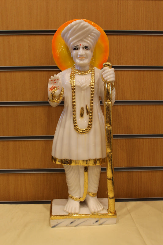 Resin/Fibre Jalaram Bapa Statue for Home Temple – White with Halo, 21 inch – White & Gold – front view
