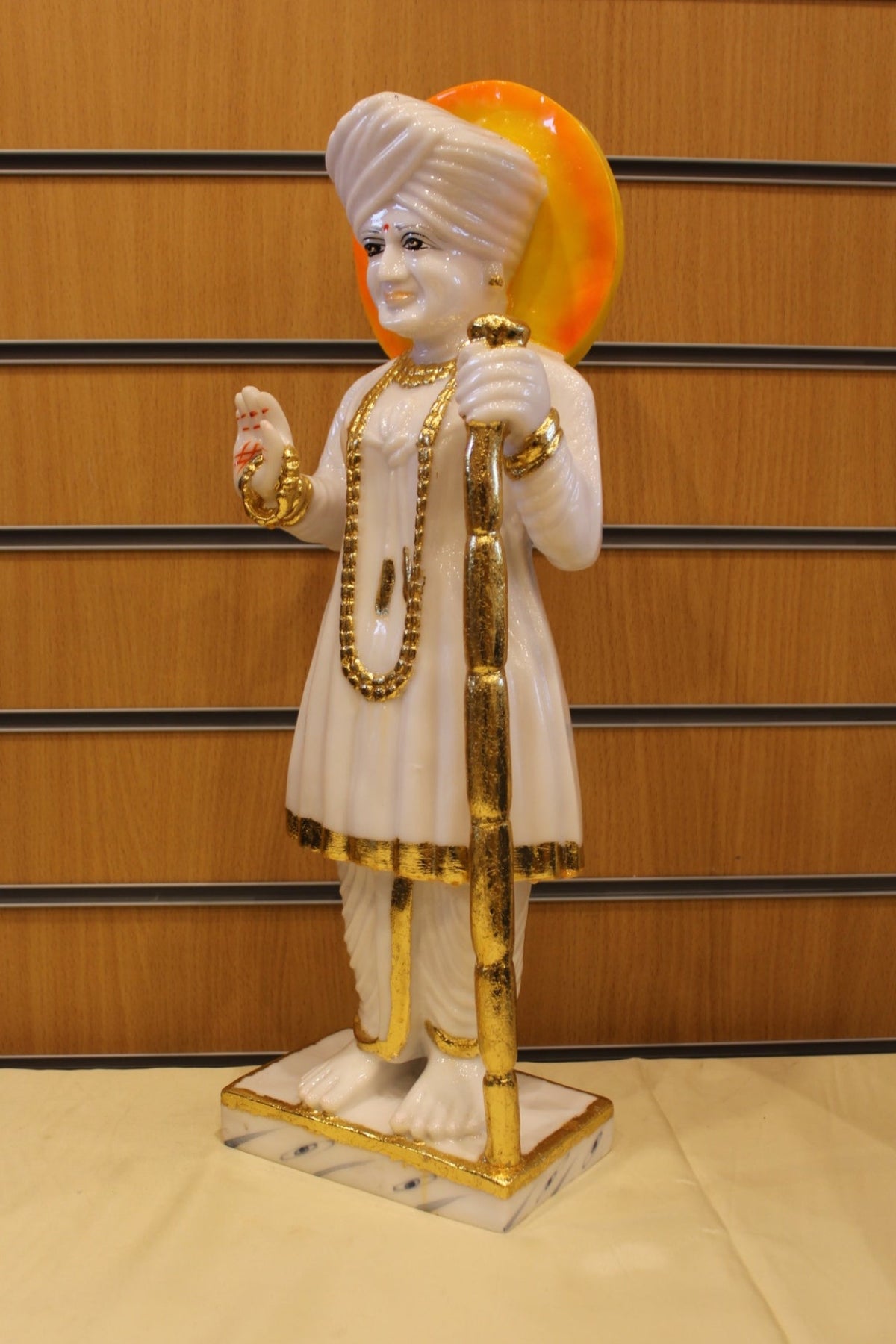 Resin/Fibre Jalaram Bapa Statue for Home Temple – White with Halo, 21 inch – White & Gold – right side view