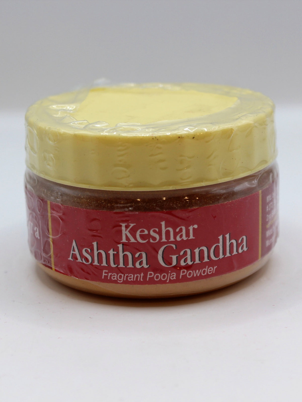Keshar Ashtha Gandha fragrant pooja powder, 50 g jar, front label