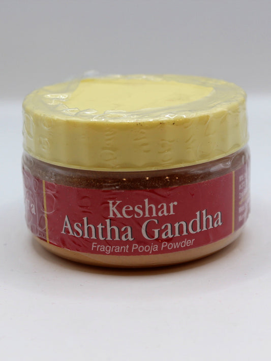 Keshar Ashtha Gandha fragrant pooja powder, 50 g jar, front label