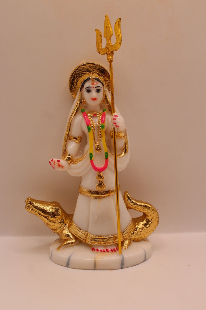 Resin Khodiyar Maa murti standing on a crocodile, front view