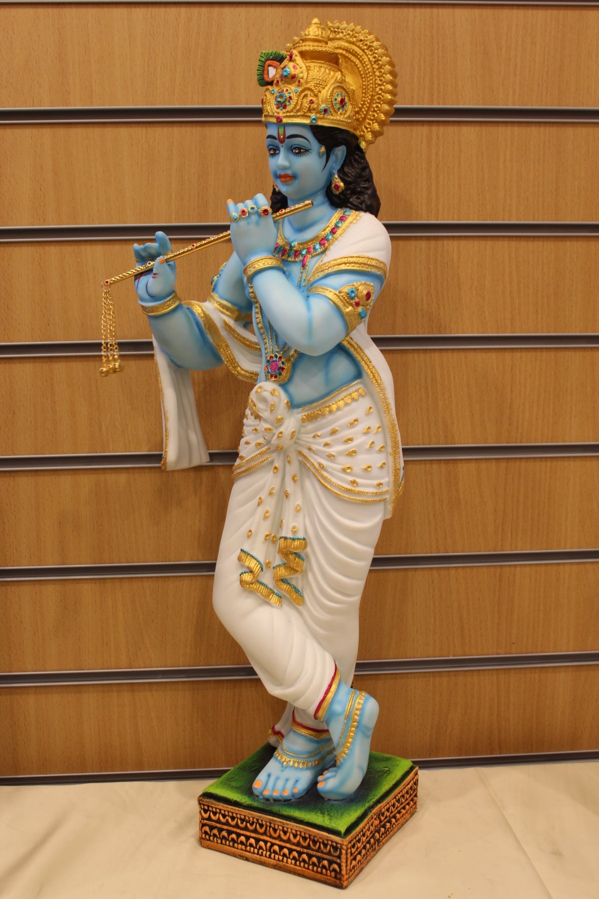 Resin Krishna Statue – Playing Flute, Blue Krishna with White Dhoti, 25 inch – right side view