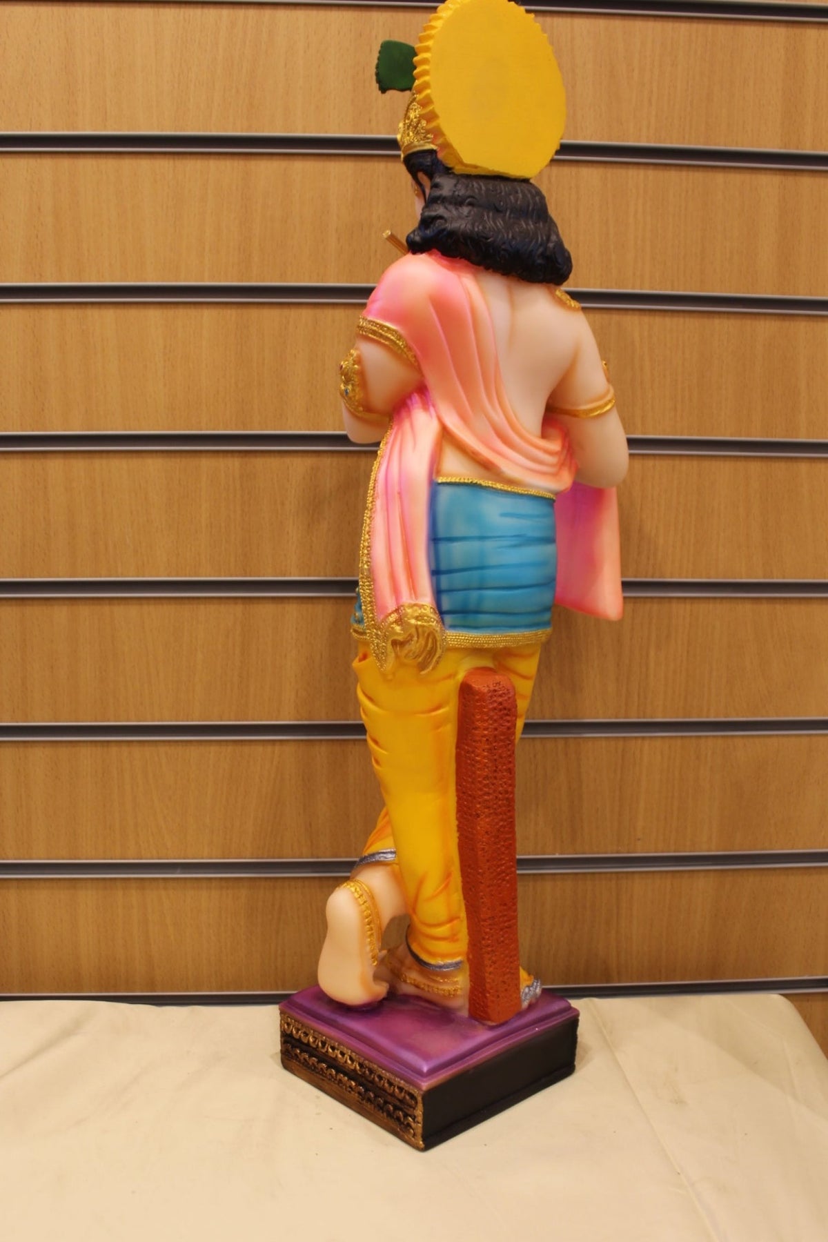 Resin/Fibre Krishna Statue for Home Temple – Playing Flute, 25 inch – Orange & Teal – back view