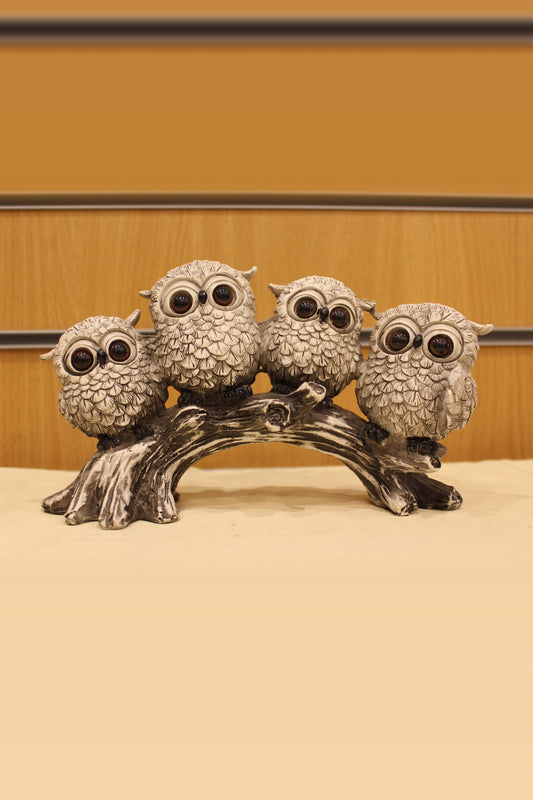 Owls on a Branch Sculpture – Four Owls, 9 inch – front view