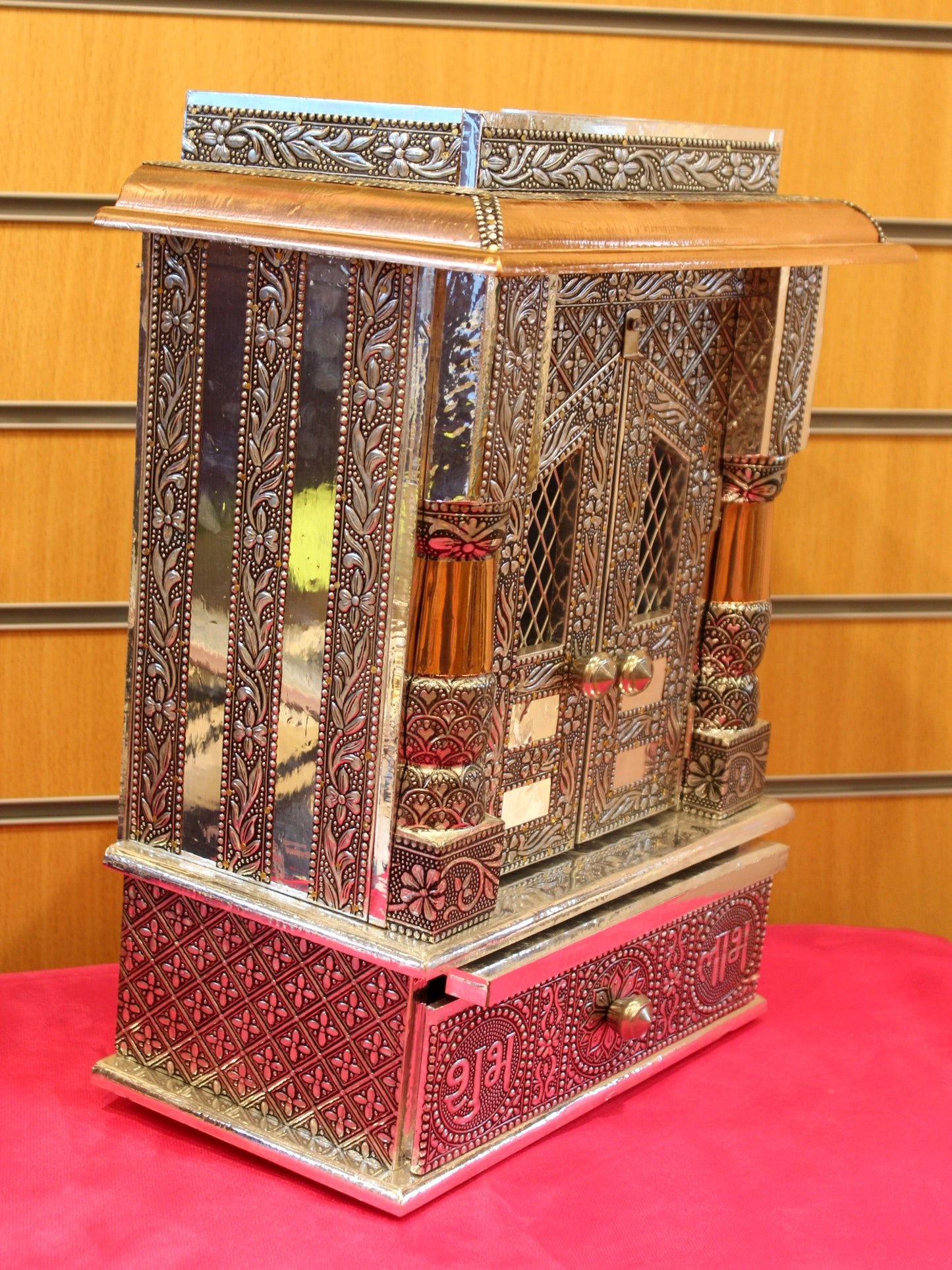 Oxidised silver mandir 10 x 6 inch, angled side view showing depth