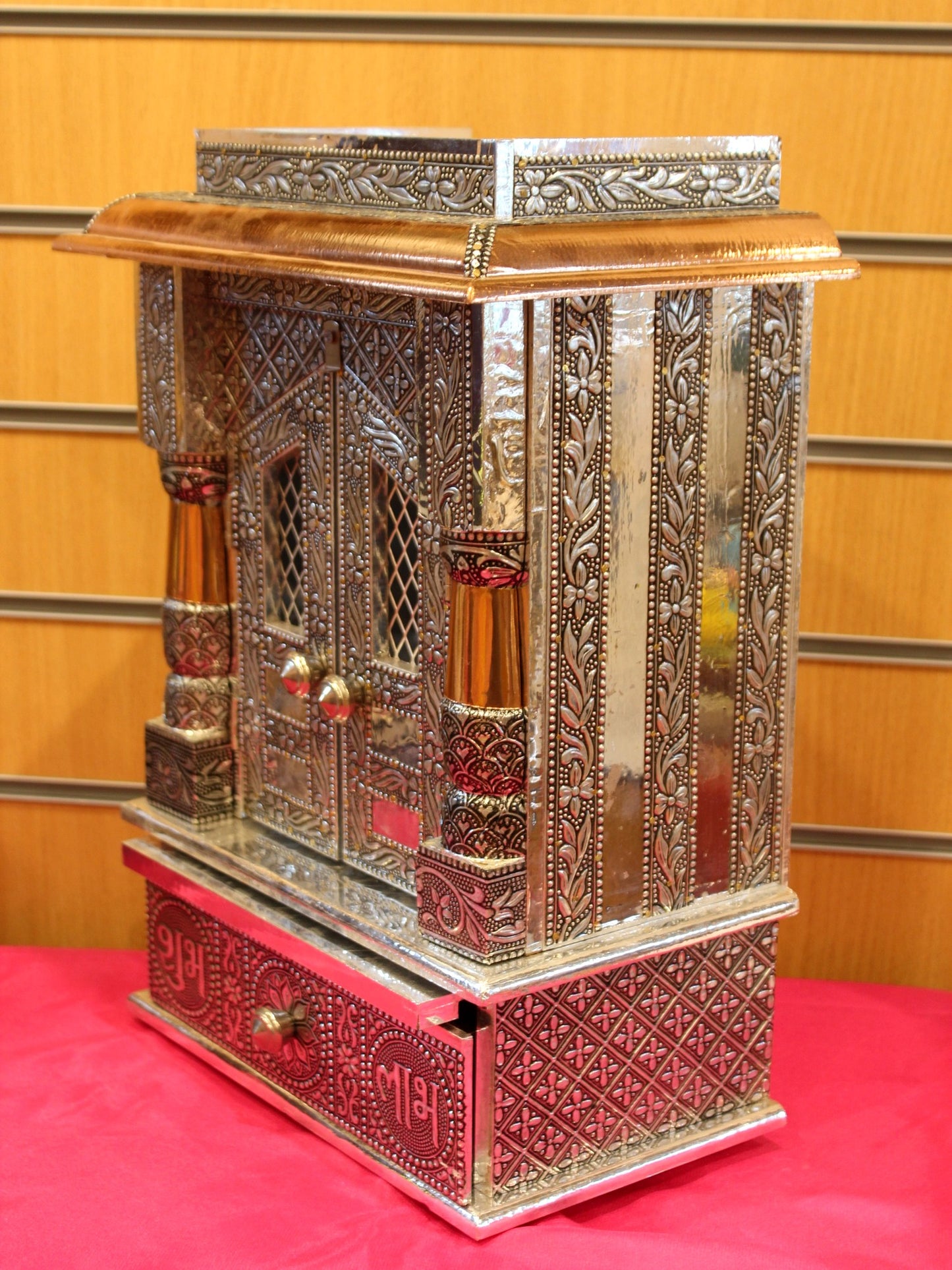 Oxidised silver mandir 10 x 6 inch, side view with drawer detail